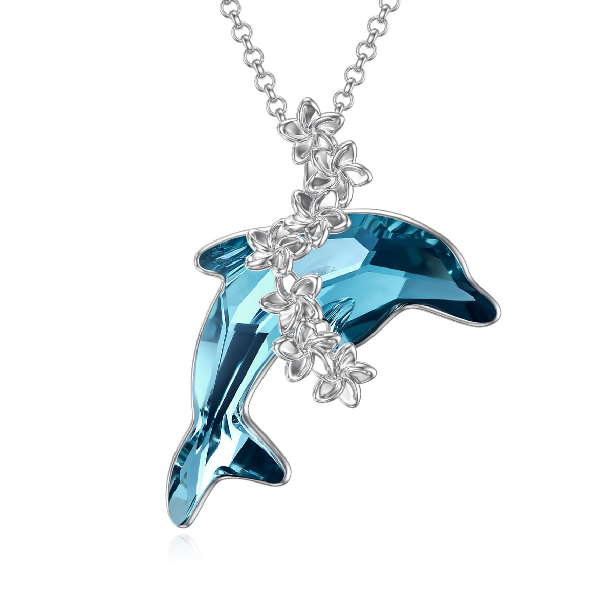 Sterling Silver Crystal Dolphin & Plumeria Pendant Necklace-1