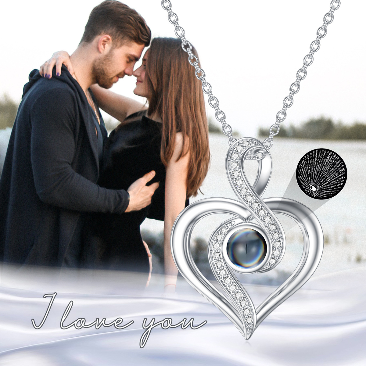 Sterling Silver Circular Shaped Cubic Zirconia & Projection Stone Heart & Infinity Symbol Pendant Necklace with Engraved Word-5