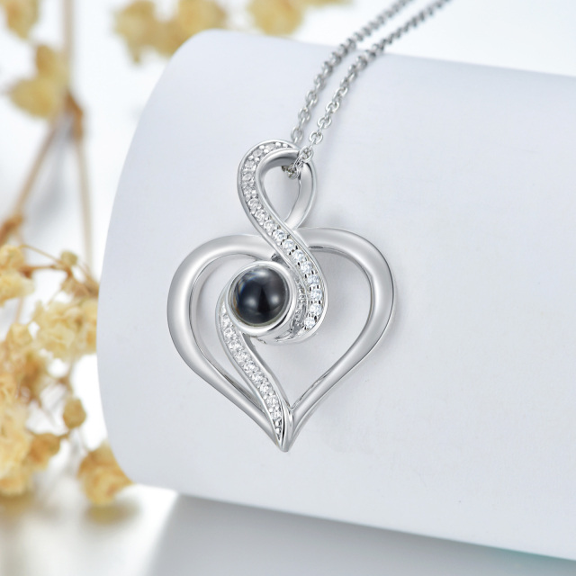 Sterling Silver Circular Shaped Cubic Zirconia & Projection Stone Heart & Infinity Symbol Pendant Necklace with Engraved Word-2