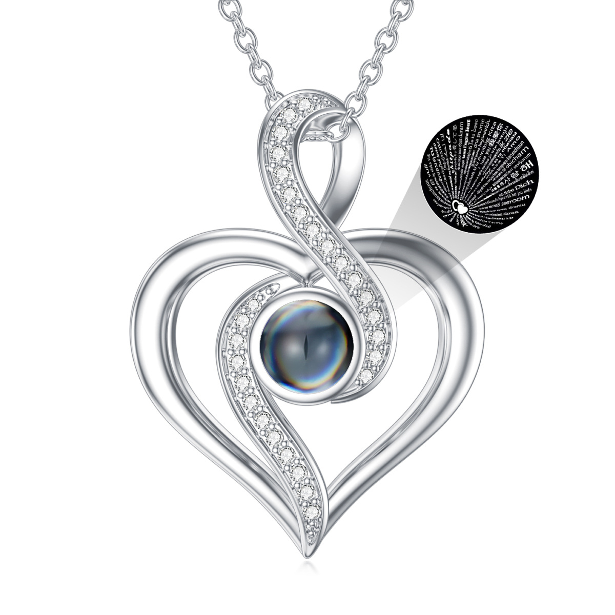 Sterling Silver Circular Shaped Cubic Zirconia & Projection Stone Heart & Infinity Symbol Pendant Necklace with Engraved Word-1