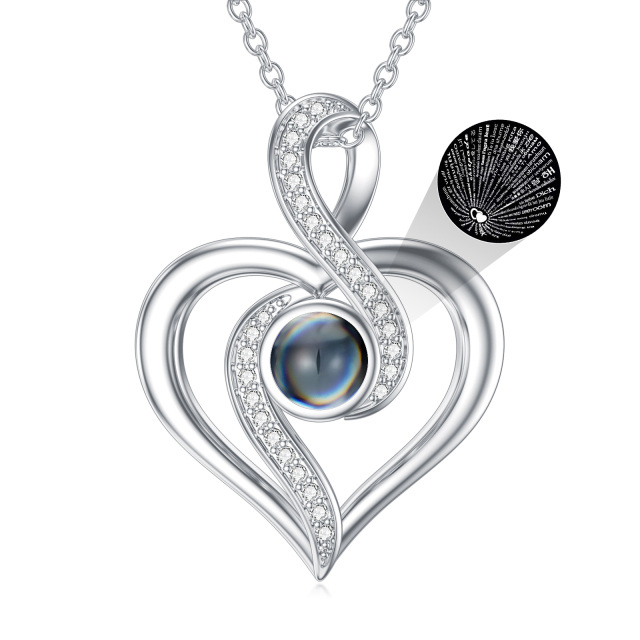 Sterling Silver Circular Shaped Cubic Zirconia & Projection Stone Heart & Infinity Symbol Pendant Necklace with Engraved Word-0