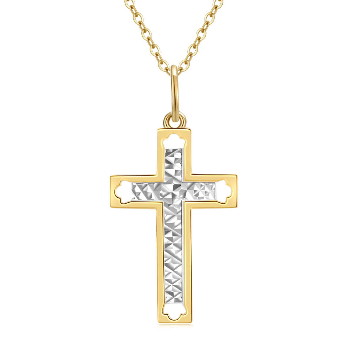 9K White Gold & Yellow Gold Cross Pendant Necklace-1