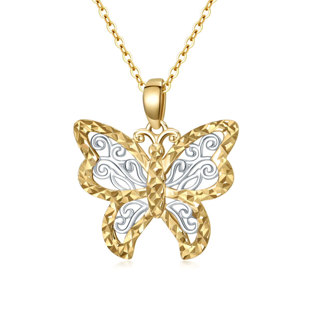 9K White Gold & Yellow Gold Butterfly Pendant Necklace-1