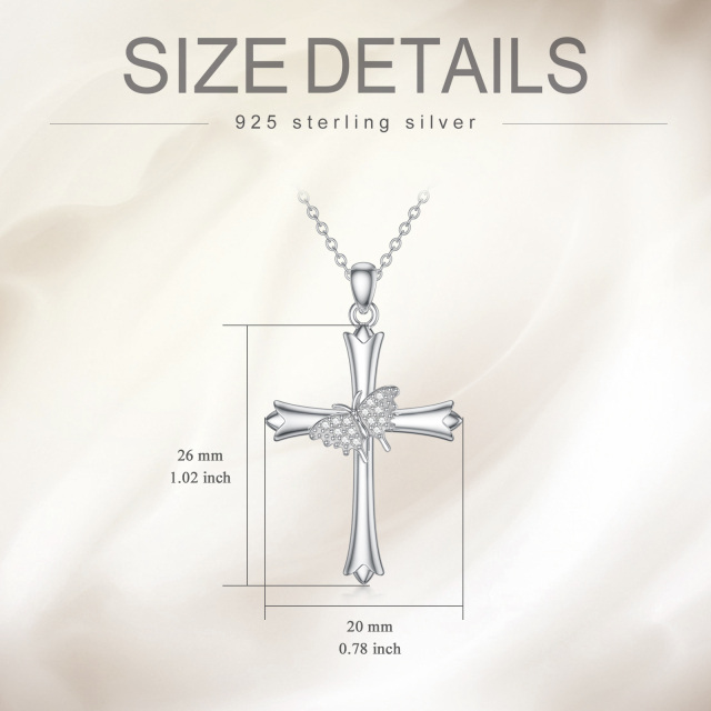 Sterling Silver Round Cubic Zirconia Butterfly & Cross Pendant Necklace-2