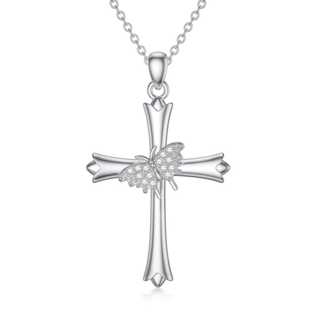 Sterling Silver Round Cubic Zirconia Butterfly & Cross Pendant Necklace-0