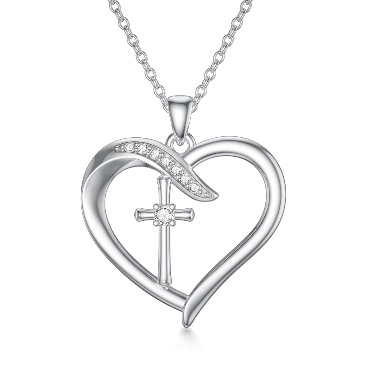 Sterling Silver Circular Shaped Lab Created Diamond Cross & Heart Pendant Necklace-1