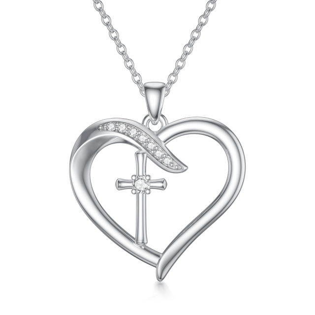 Sterling Silver Circular Shaped Lab Created Diamond Cross & Heart Pendant Necklace-0