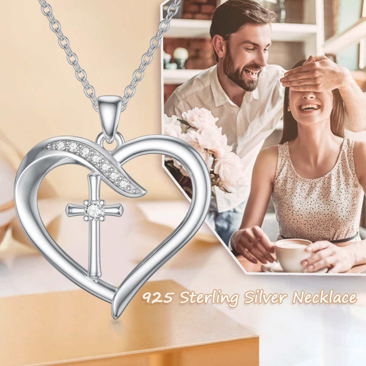 Sterling Silver Circular Shaped Lab Created Diamond Cross & Heart Pendant Necklace-4