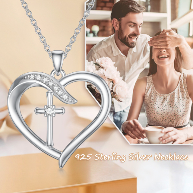 Sterling Silver Circular Shaped Lab Created Diamond Cross & Heart Pendant Necklace-3