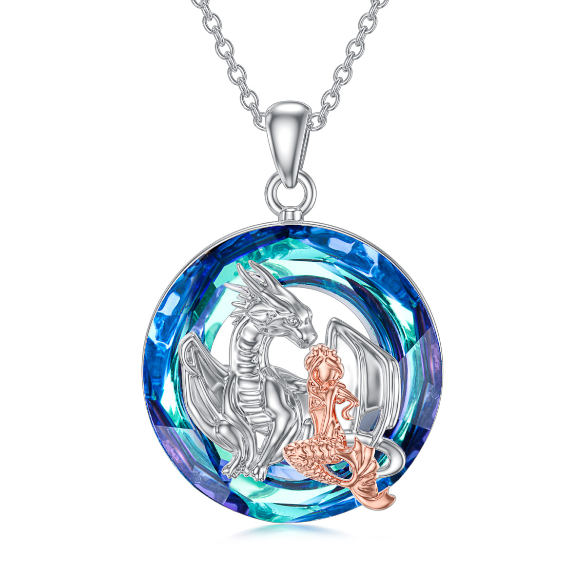 Sterling Silver Two-tone Round Dragon & Mermaid Tail Crystal Pendant Necklace-1
