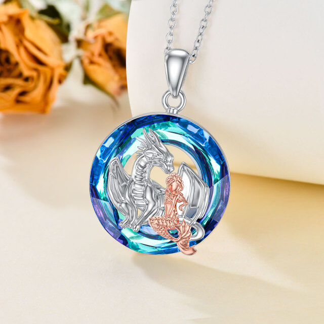 Sterling Silver Two-tone Round Dragon & Mermaid Tail Crystal Pendant Necklace-2