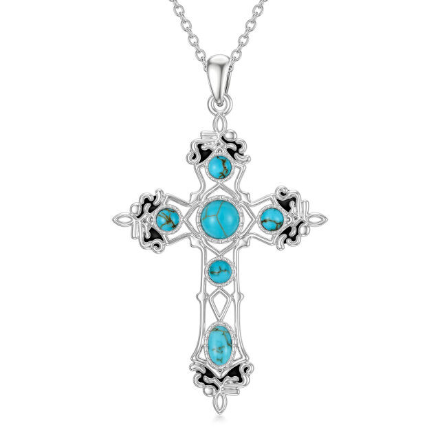 Sterling Silver Round Turquoise Cross Pendant Necklace-4