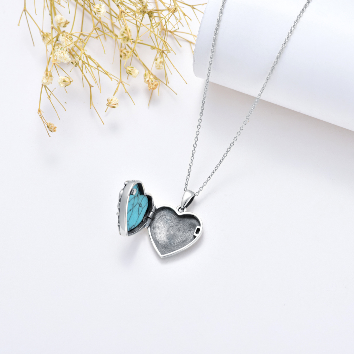 Sterling Silver Heart Turquoise Heart Personalized Photo Locket Necklace with Engraved Word-6