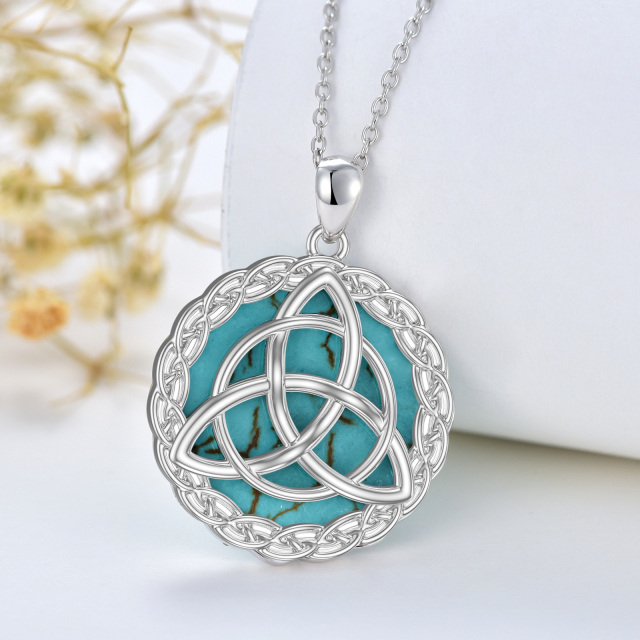 Sterling Silver Circular Shaped Turquoise Celtic Knot Pendant Necklace-3