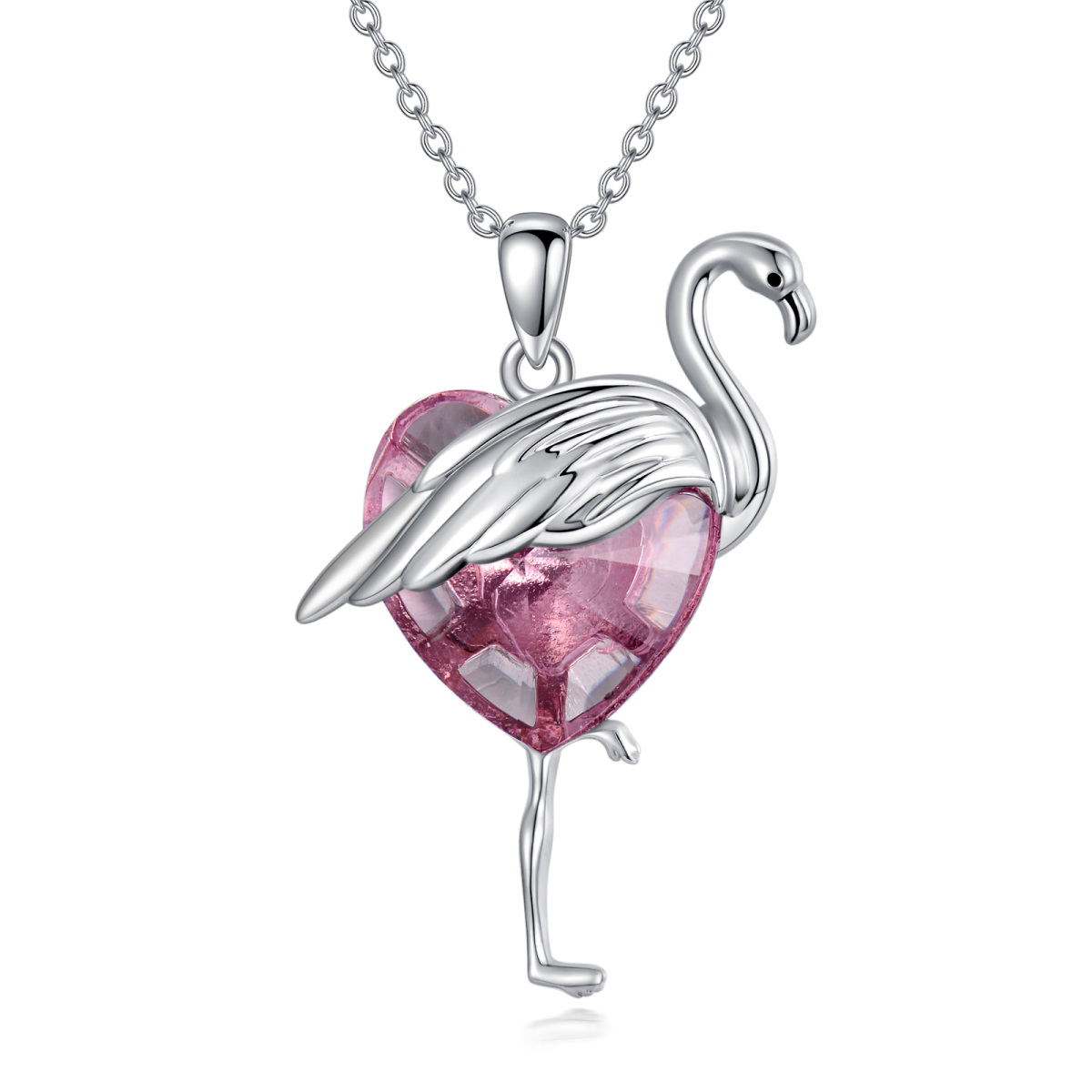 Sterling Silber Herz geformt Kristall Flamingo & Herz Anhänger Halskette-1