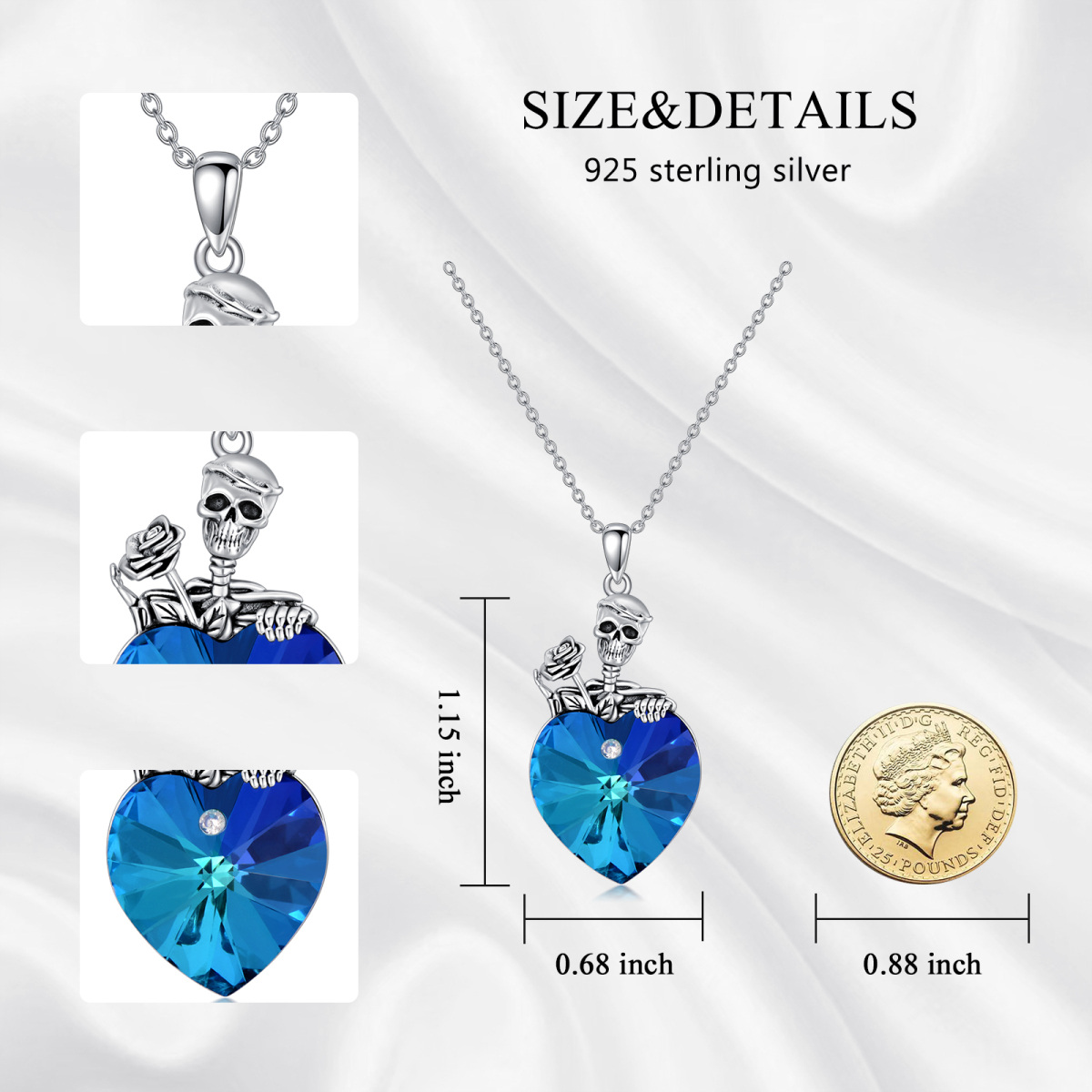 Sterling Silver Heart Heart & Skull Crystal Pendant Necklace-7