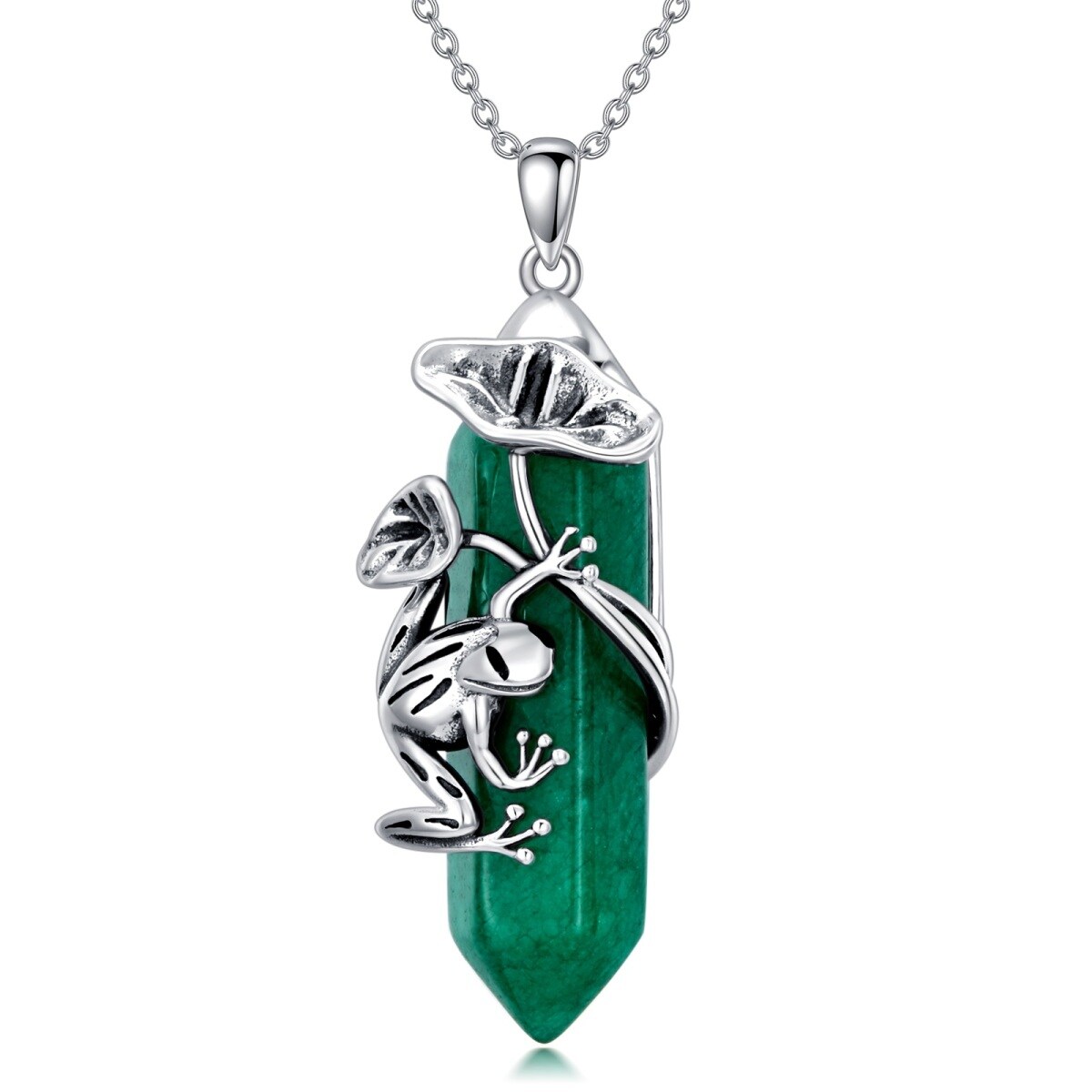 Sterling Silver Green Jade Frog Pendant Necklace-1
