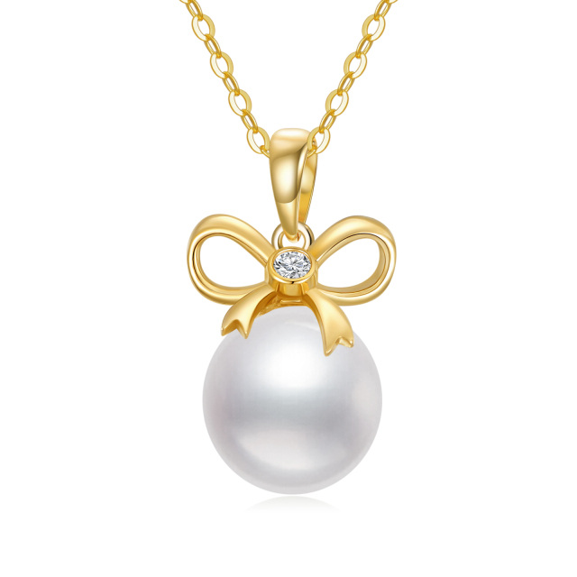 14K Gold Round Pearl Bow Pendant Necklace-3