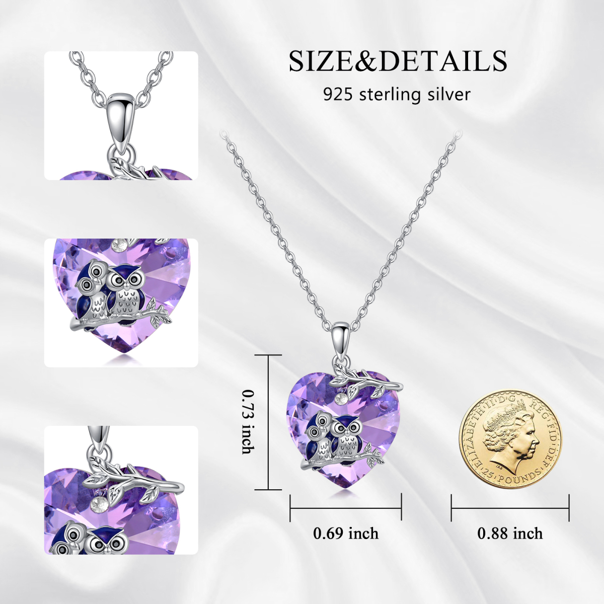 Sterling Silver Heart Owl & Heart Crystal Pendant Necklace-7