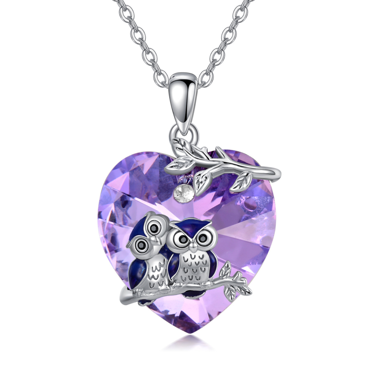 Sterling Silver Heart Owl & Heart Crystal Pendant Necklace-1