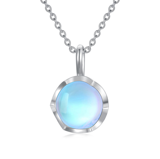 Sterling Silver Flower Synthetic Rainbow Moonstone Round Pendant Necklace-1