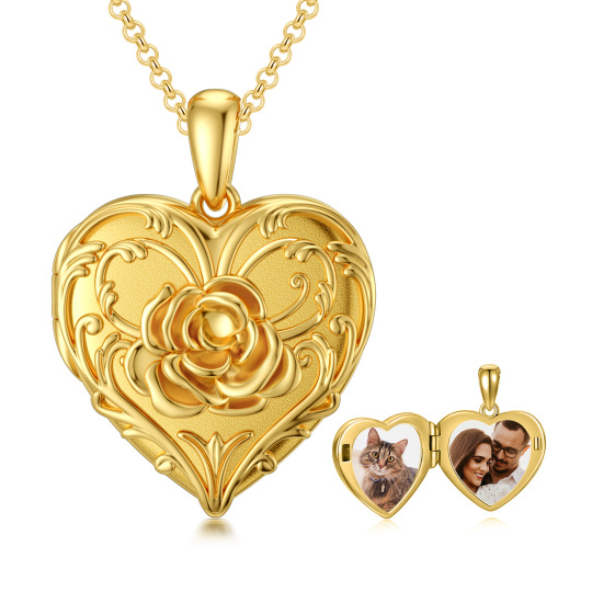 10K Gold Rose & Personalized Photo & Heart Personalized Photo Locket Necklace