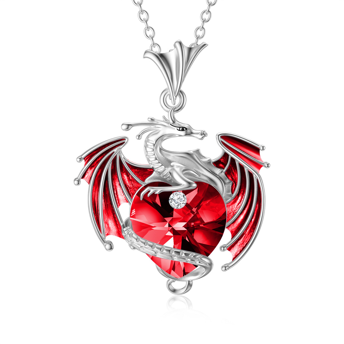 Sterling Silver Crystal Dragon & Heart Pendant Necklace-1