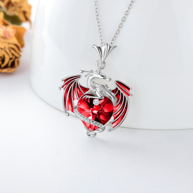 Sterling Silver Crystal Dragon & Heart Pendant Necklace-4
