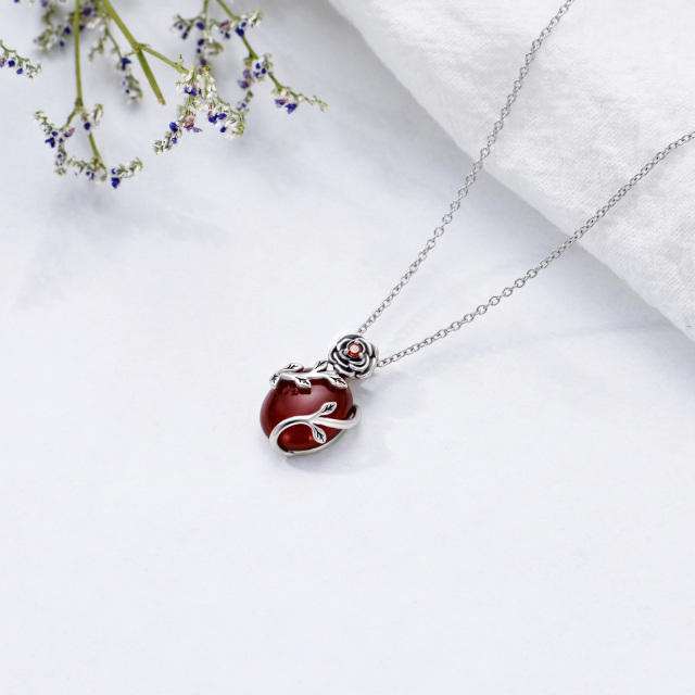 Sterling Silver Oval Agate Rose Pendant Necklace-5