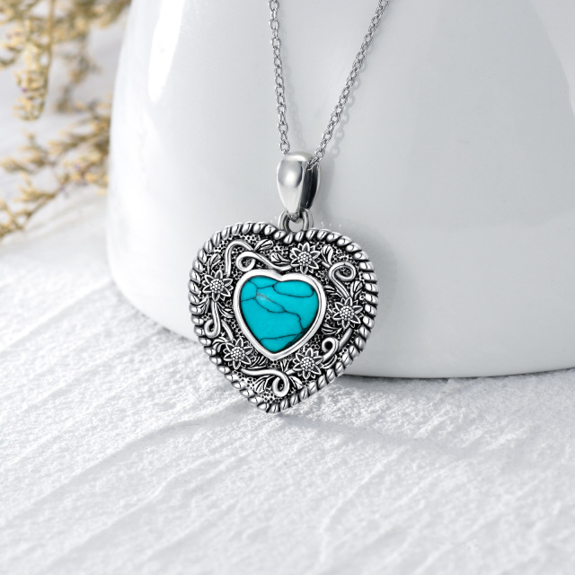 Sterling Silver Heart Shaped Turquoise Sunflower & Heart Pendant Necklace-3