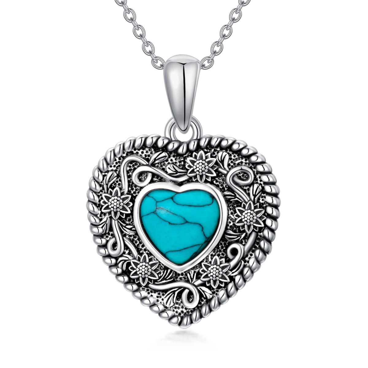 Sterling Silver Heart Shaped Turquoise Sunflower & Heart Pendant Necklace-1