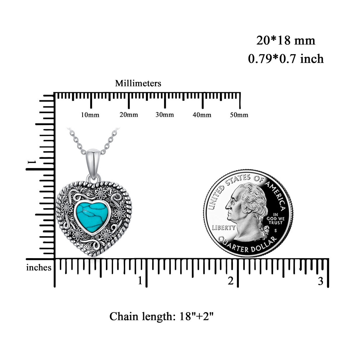 Sterling Silber Herz geformt Türkis Sonnenblume & Herz Anhänger Halskette-5