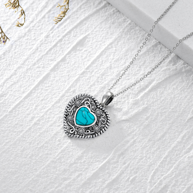 Sterling Silver Heart Shaped Turquoise Sunflower & Heart Pendant Necklace-4