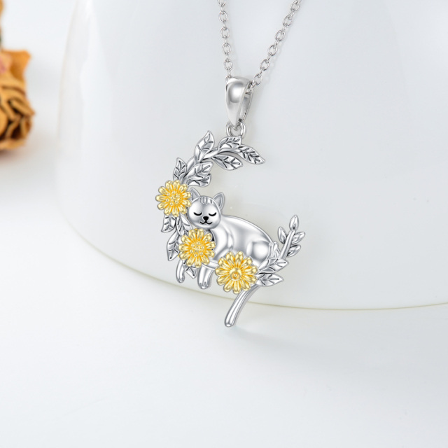 Sterling Silver Two-tone Cat & Sunflower & Moon Pendant Necklace-2