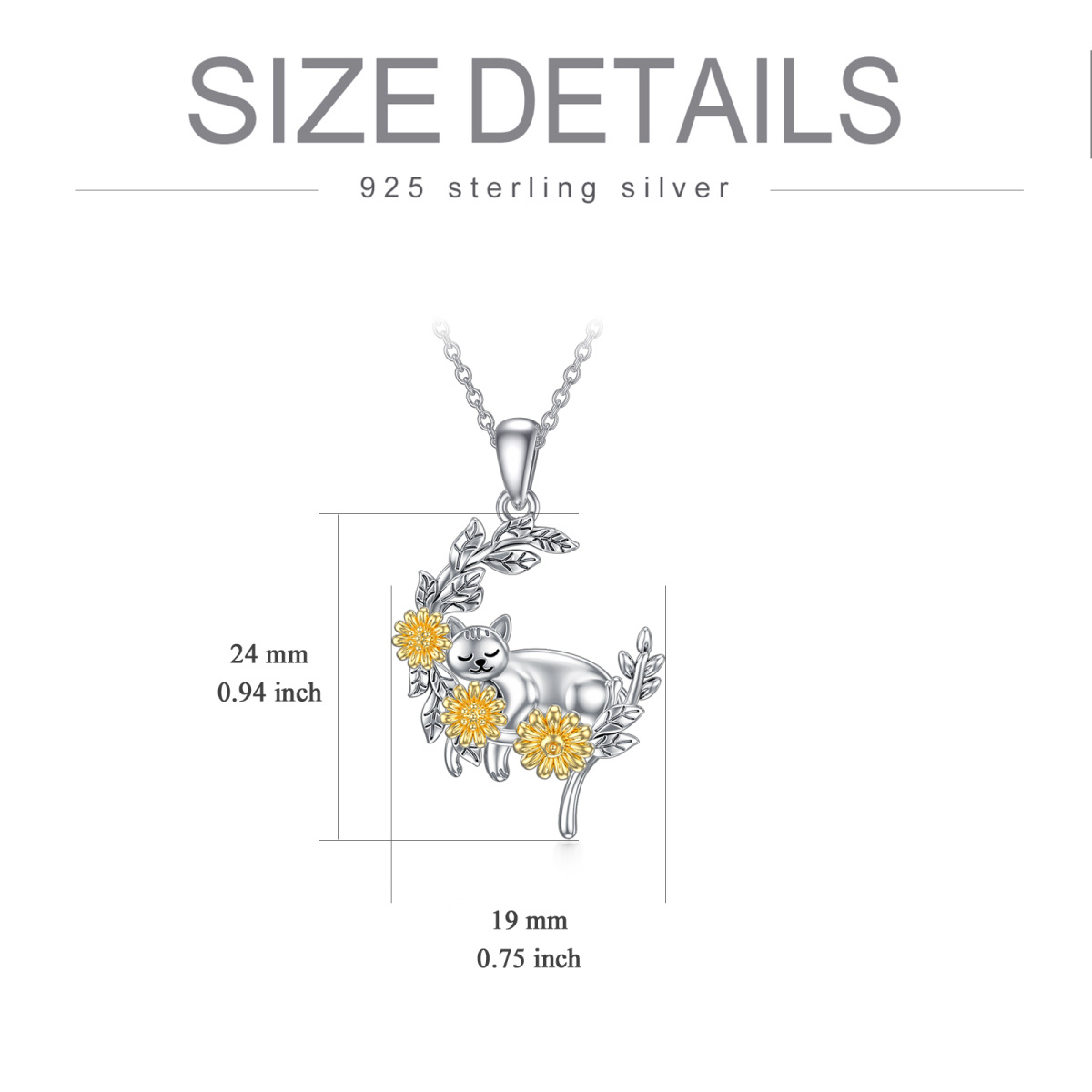 Sterling Silver Two-tone Cat & Sunflower & Moon Pendant Necklace-6