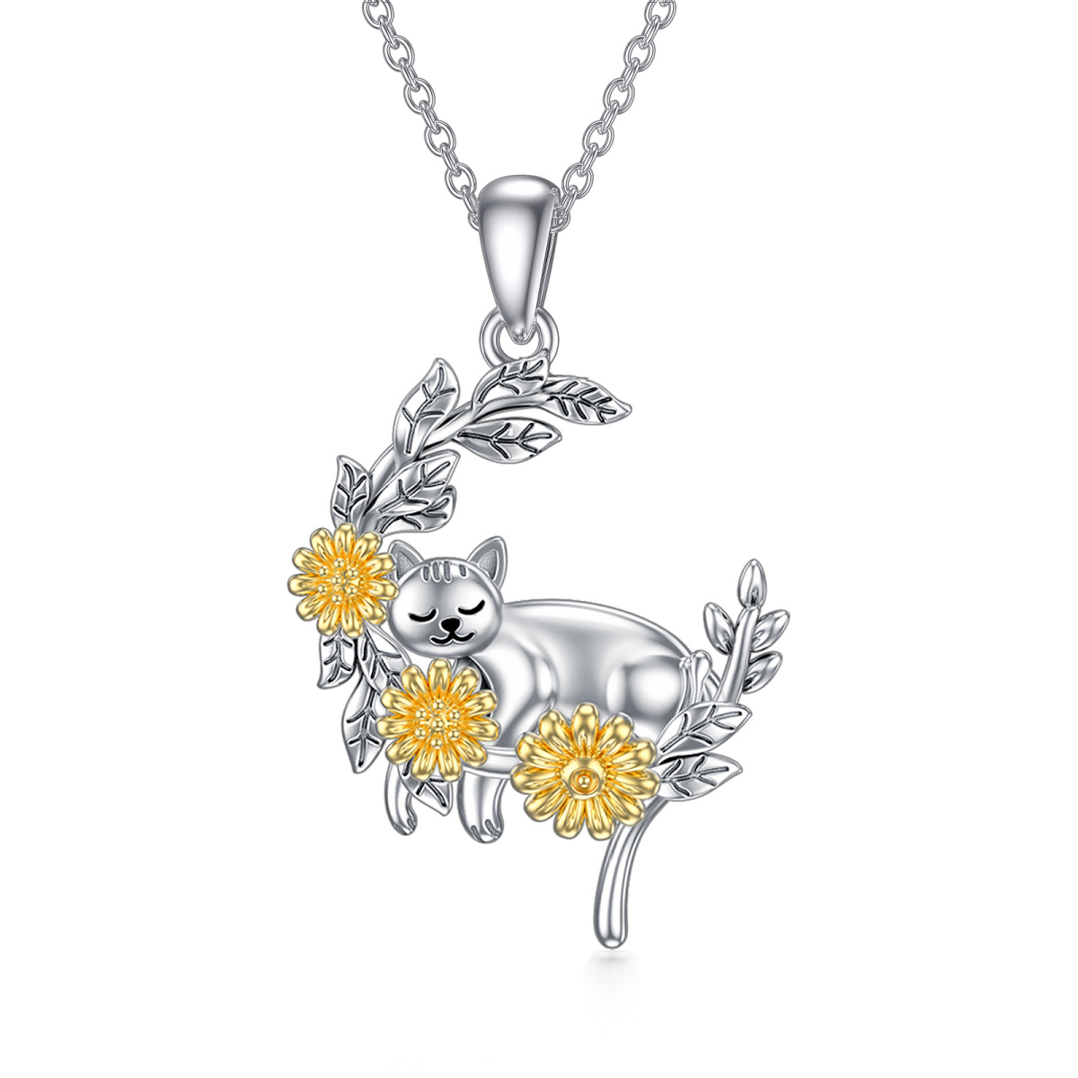 Sterling Silver Two-tone Cat & Sunflower & Moon Pendant Necklace-1