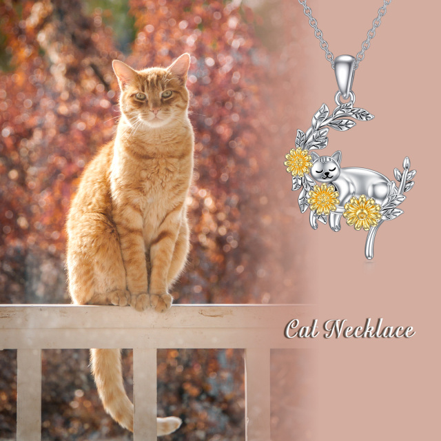 Sterling Silver Two-tone Cat & Sunflower & Moon Pendant Necklace-4
