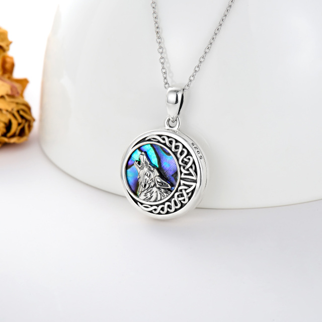 Sterling Silver Abalone Shellfish Wolf & Celtic Knot & Moon Circular Shaped Personalized Photo Locket Necklace with Engraved Word-2