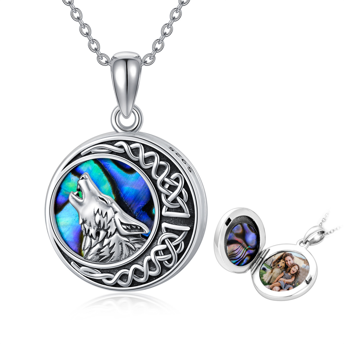 Plata de ley Abalone Shellfish Wolf & Celtic Knot & Moon Circular Shaped Personalized Photo Locket Necklace with Engraved Word-1