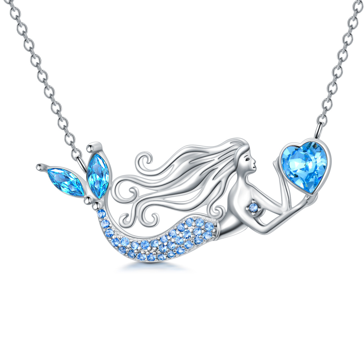 Sterling Silver Heart Crystal Mermaid Pendant Necklace-1