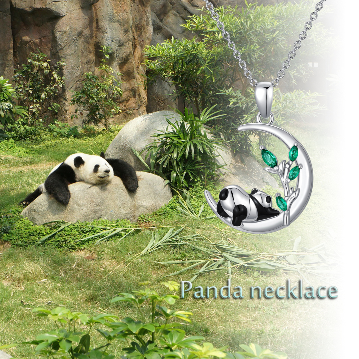Sterling Silver Pear Shaped Crystal Panda & Moon Pendant Necklace-6