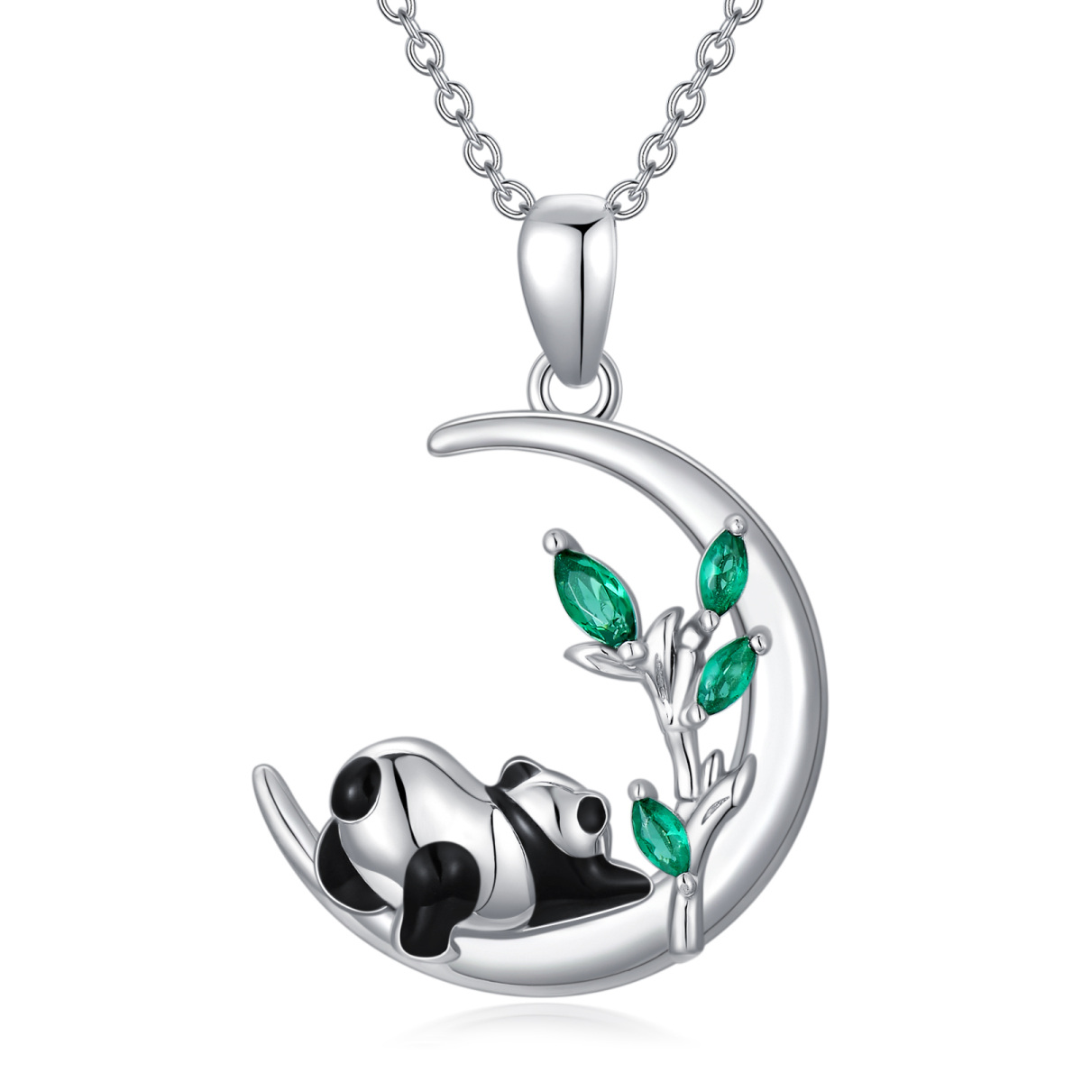 Sterling Silver Pear Shaped Crystal Panda & Moon Pendant Necklace-1