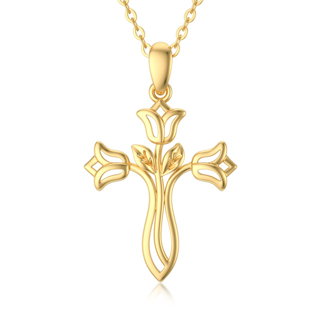 14K Gold Rose & Cross Pendant Necklace-0