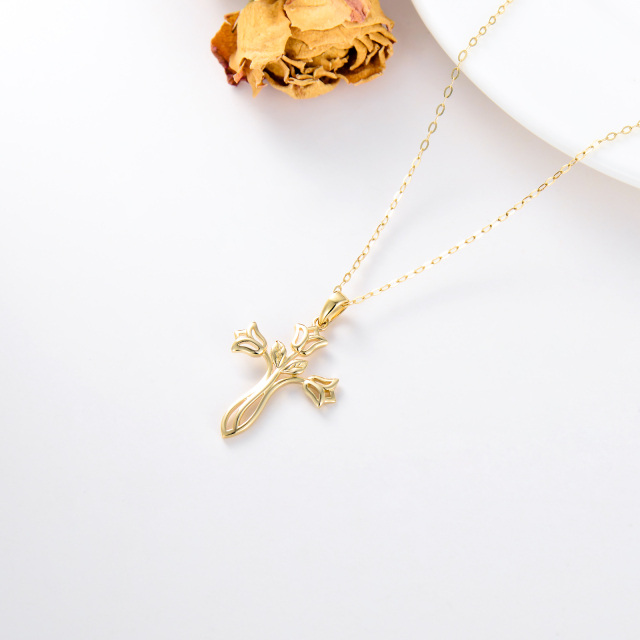 14K Gold Rose & Cross Pendant Necklace-3