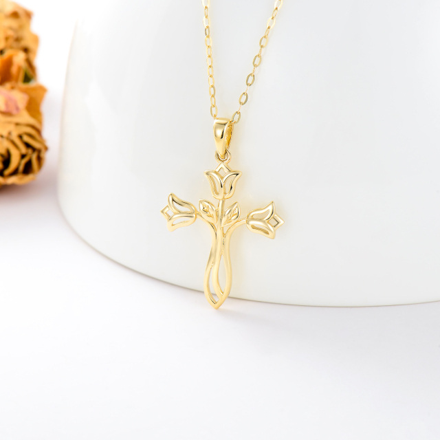 14K Gold Rose & Cross Pendant Necklace-2