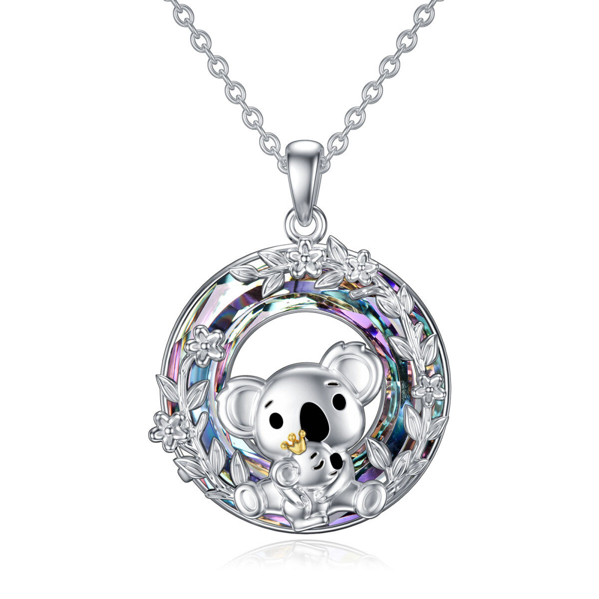 Sterling Silver Two-tone Circular Shaped Koala Crystal Pendant Necklace-1