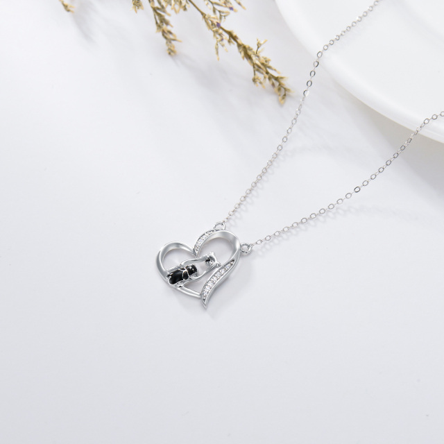 9K White Gold Circular Shaped Cubic Zirconia Bear & Heart Pendant Necklace-3