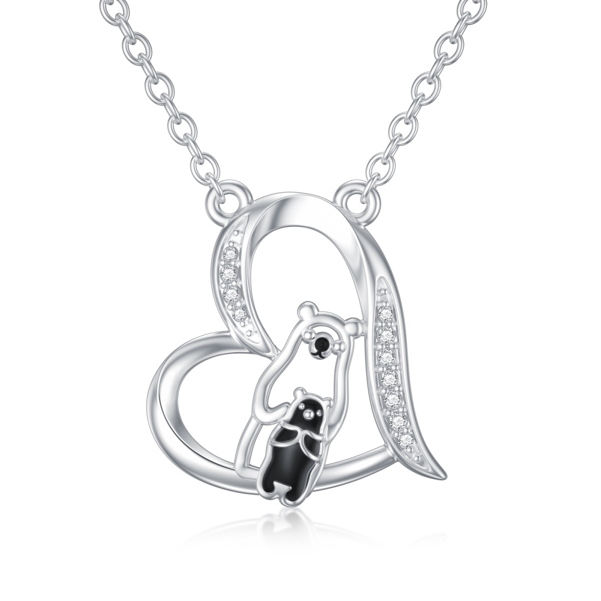 Collier en or blanc 9K avec pendentif ours et coeur en zircon cubique de forme circulaire-1