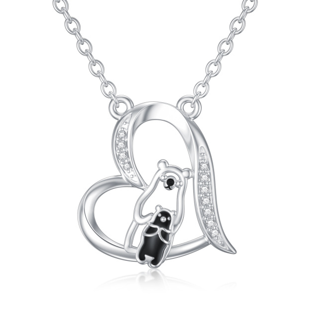 9K White Gold Circular Shaped Cubic Zirconia Bear & Heart Pendant Necklace-0