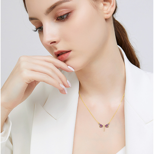 Collier libellule en or 9K avec pendentif en zircon cubique rond-1